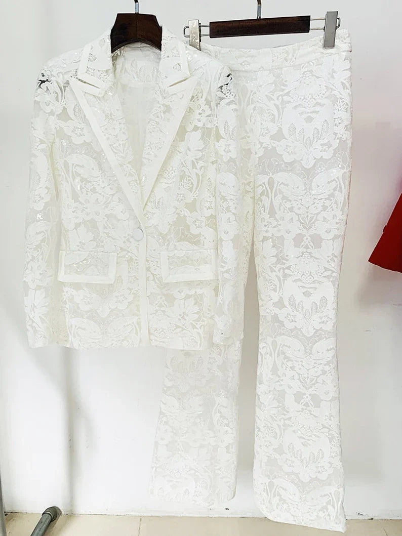 Women Luxury Sequinned Mesh Lace Bohemian Style+ Flare Trousers Pants Suit