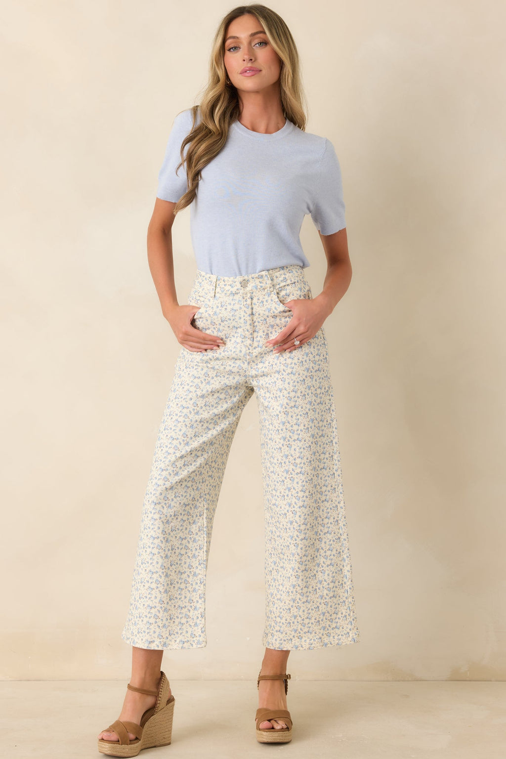 Easy Moments Light Blue Floral Cotton Wide Leg Jeans