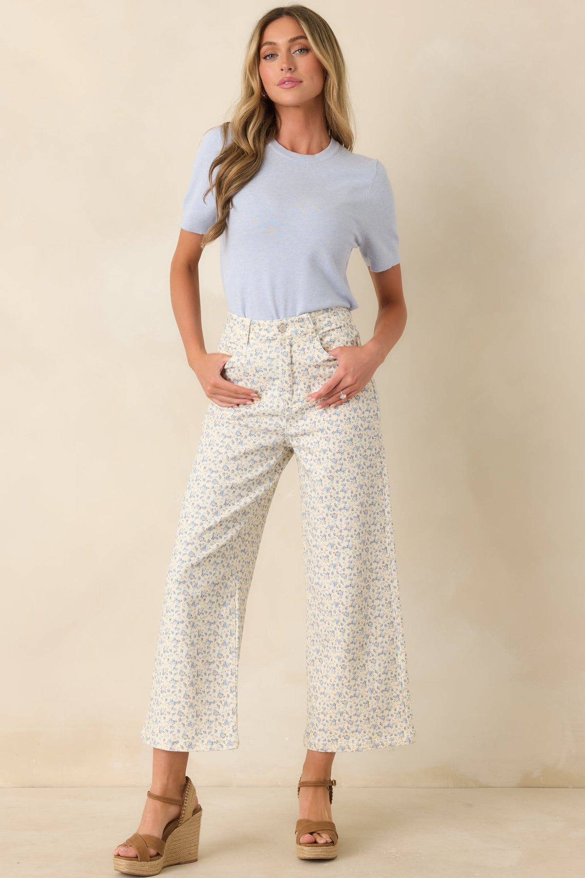 Easy Moments Light Blue Floral Cotton Wide Leg Jeans