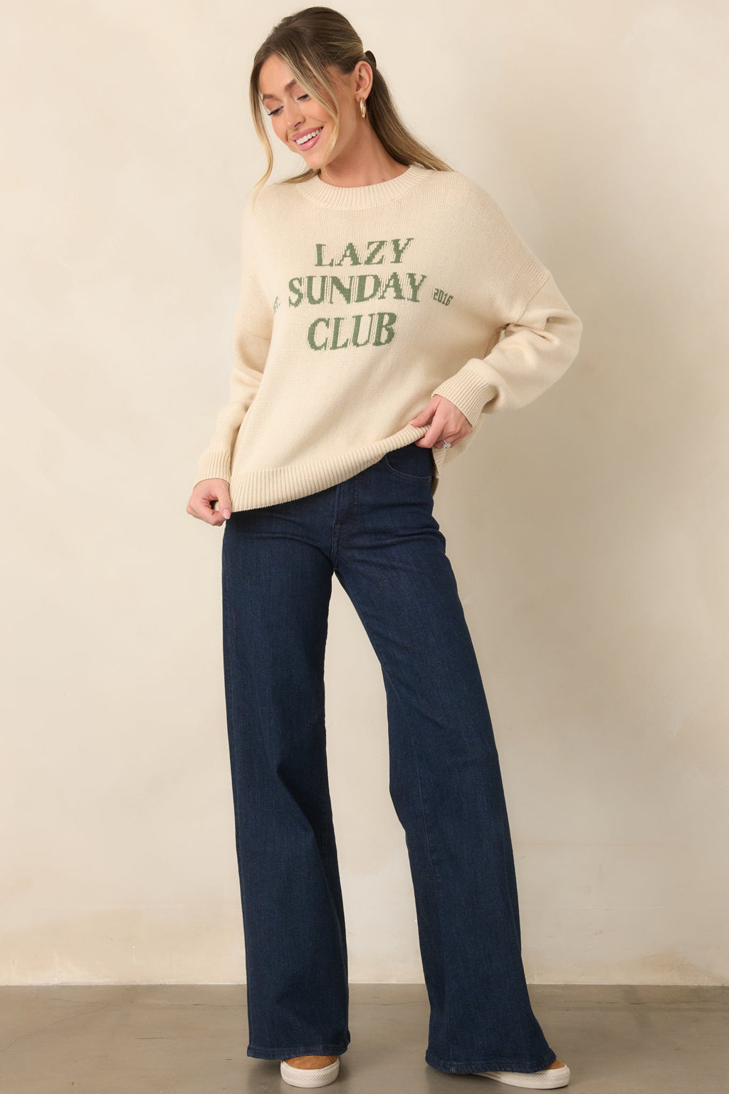 Lazy Sunday Club Ivory Graphic Knit Crewneck Sweater