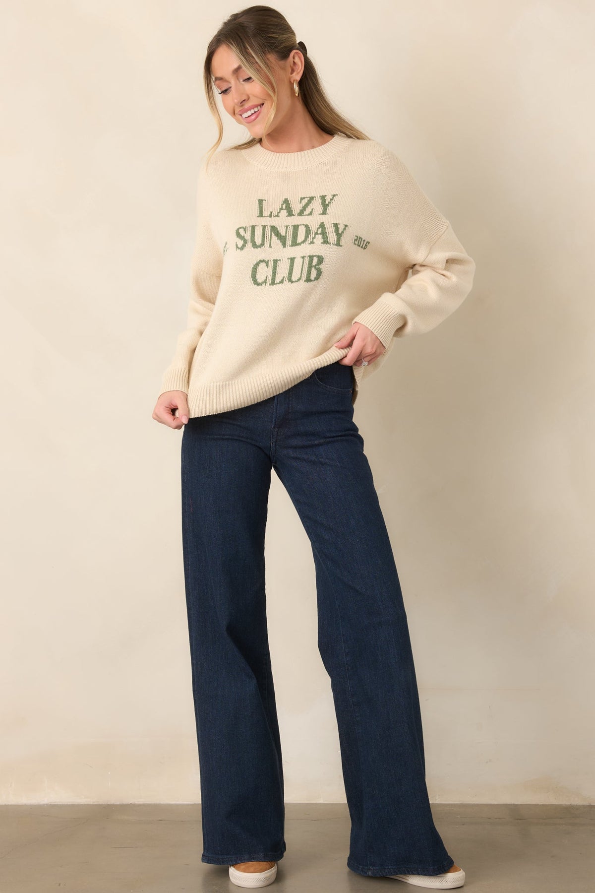 Lazy Sunday Club Ivory Graphic Knit Crewneck Sweater