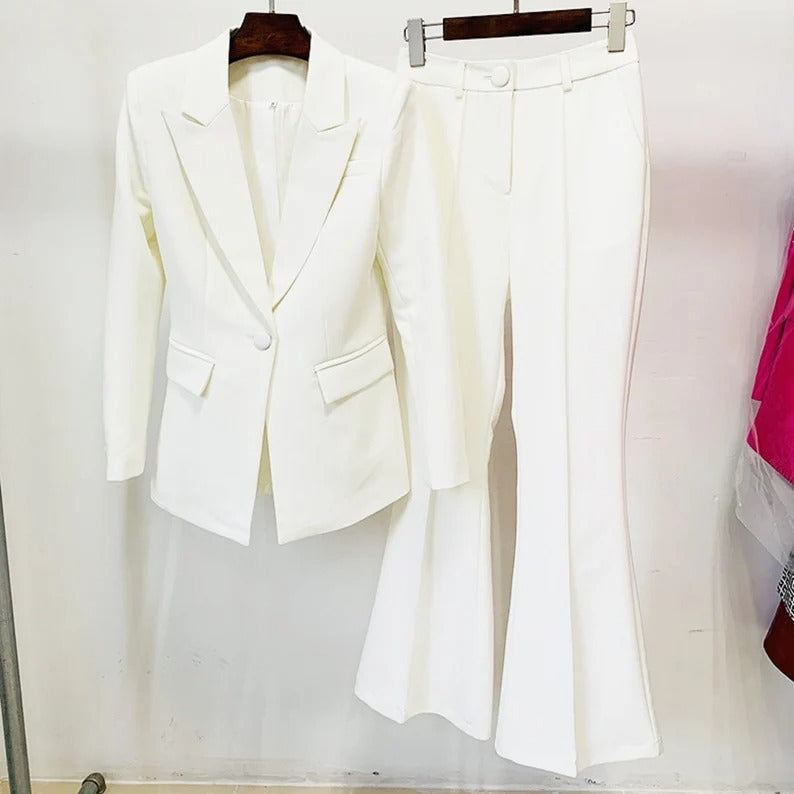Women One-Button Blazer + Flare Trousers Suit - 6 Colors Available