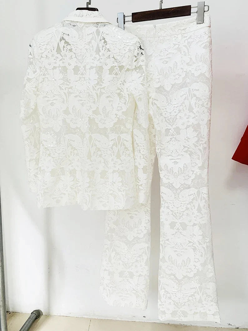 Women Luxury Sequinned Mesh Lace Bohemian Style+ Flare Trousers Pants Suit