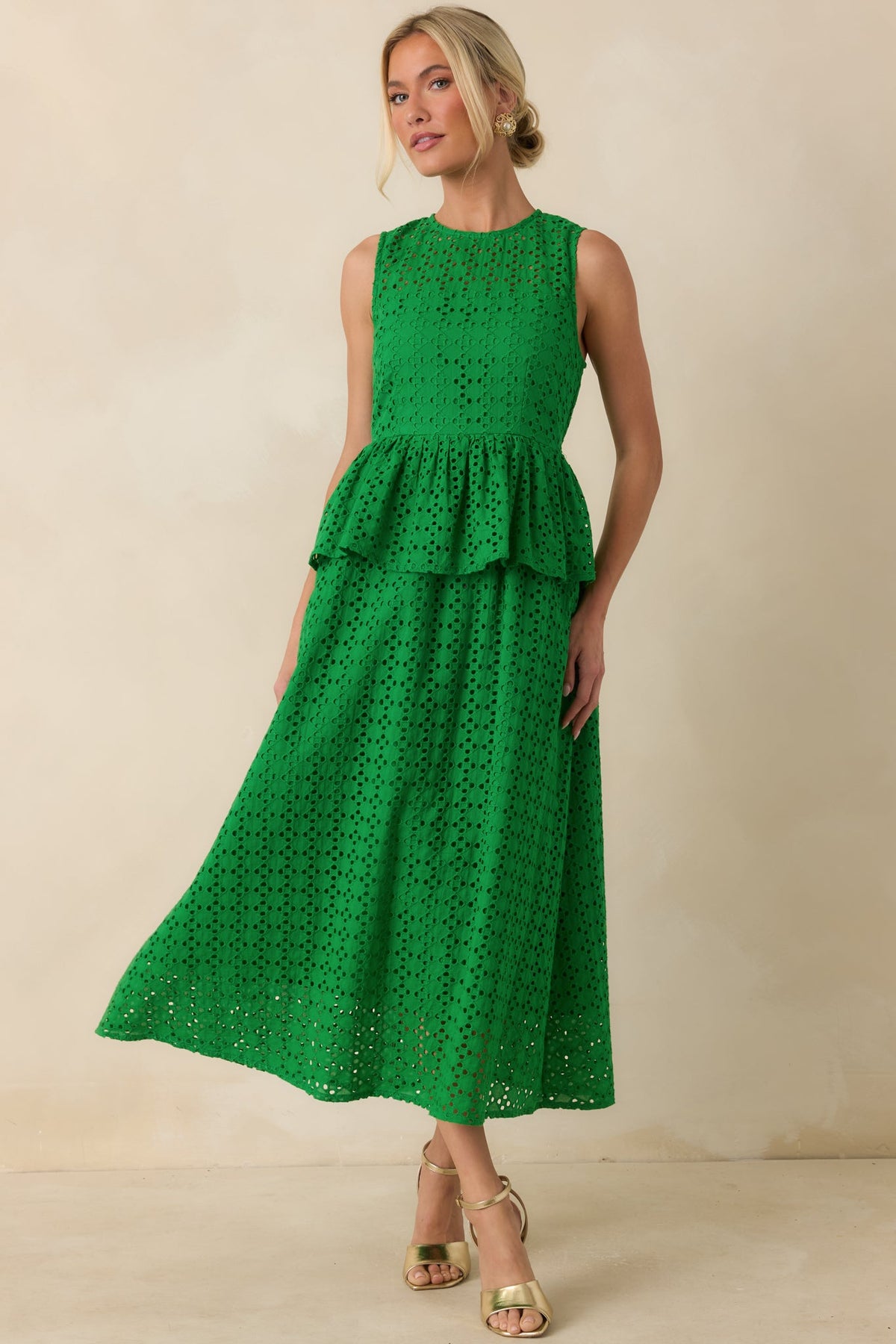 Worth A Closer Look Green Eyelet Peplum Midi Dress