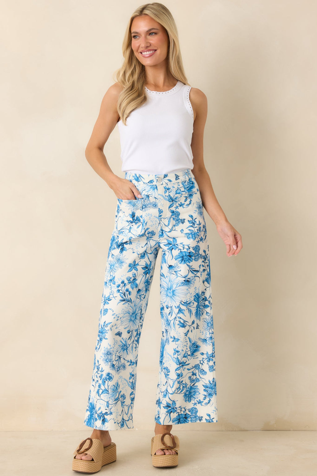 Grow Your Own Way Blue Floral Print Cotton Wide Leg Pants
