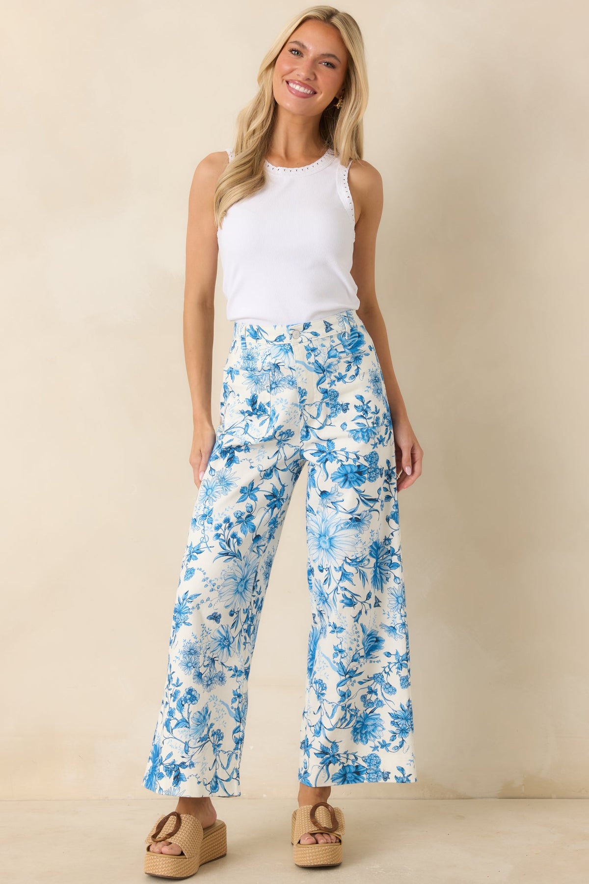 Grow Your Own Way Blue Floral Print Cotton Wide Leg Pants