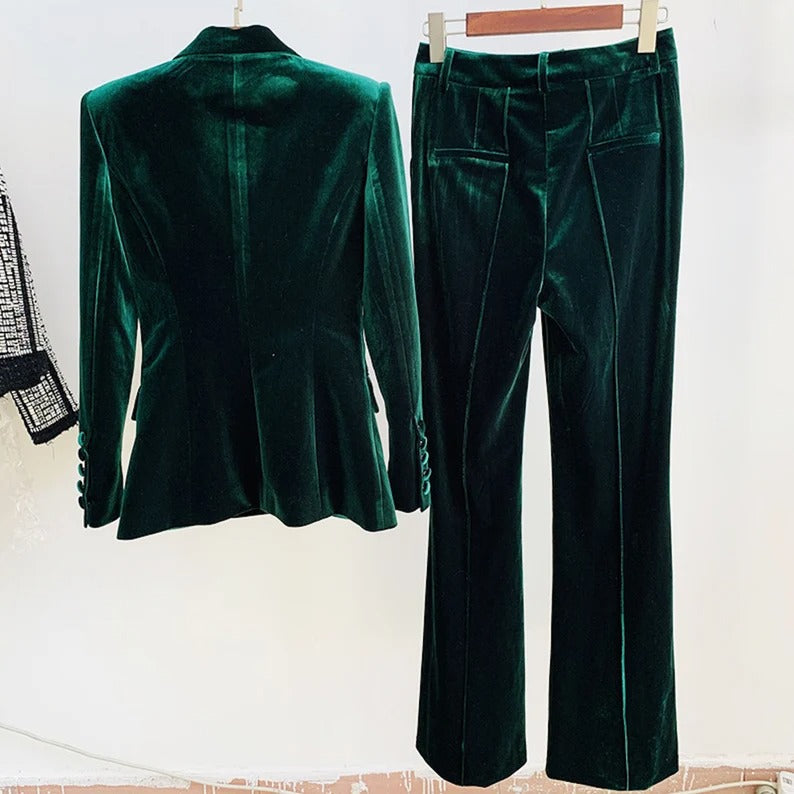 Women Green Velvet Blazer + Flare Trousers Suit