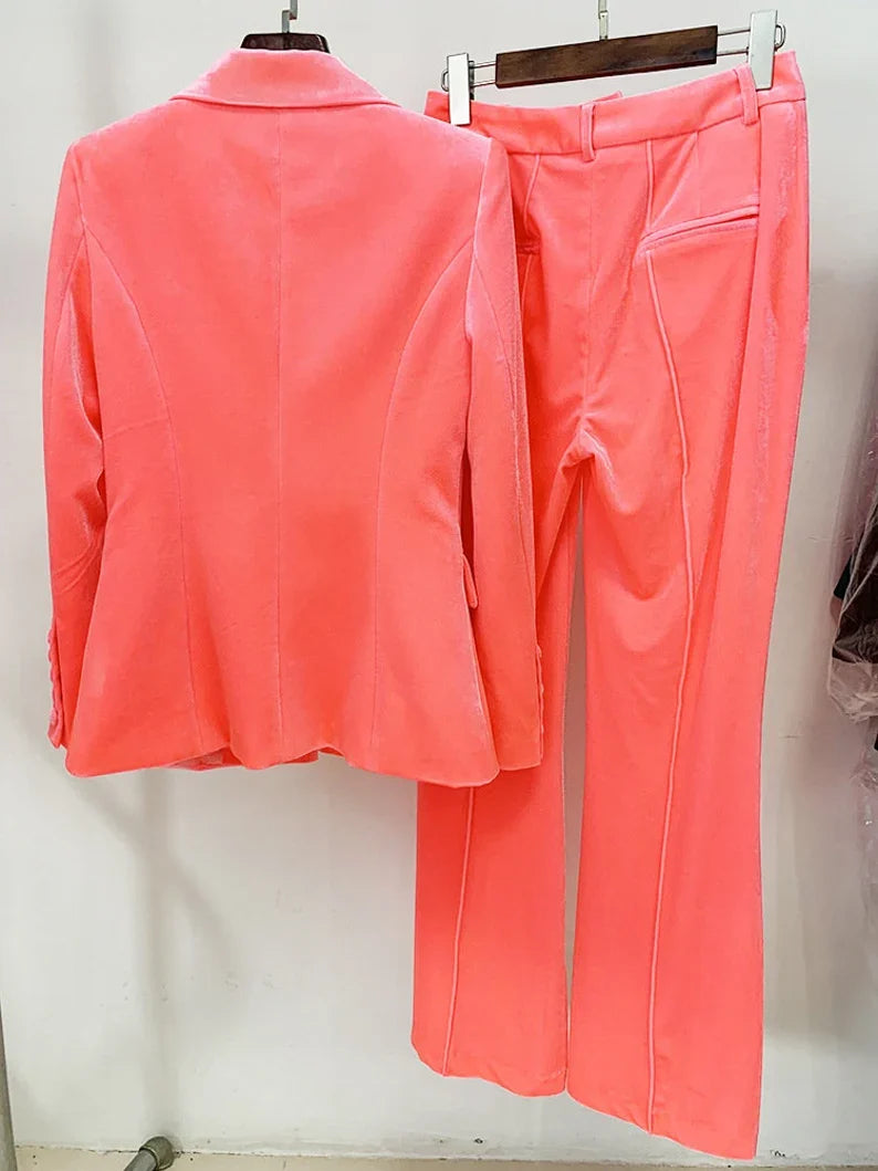 Women and Teens Orange Pink Blazer + Mid-High Rise Flare Trousers Pants Suit, Graduation, Speech Day, Birthday Party,