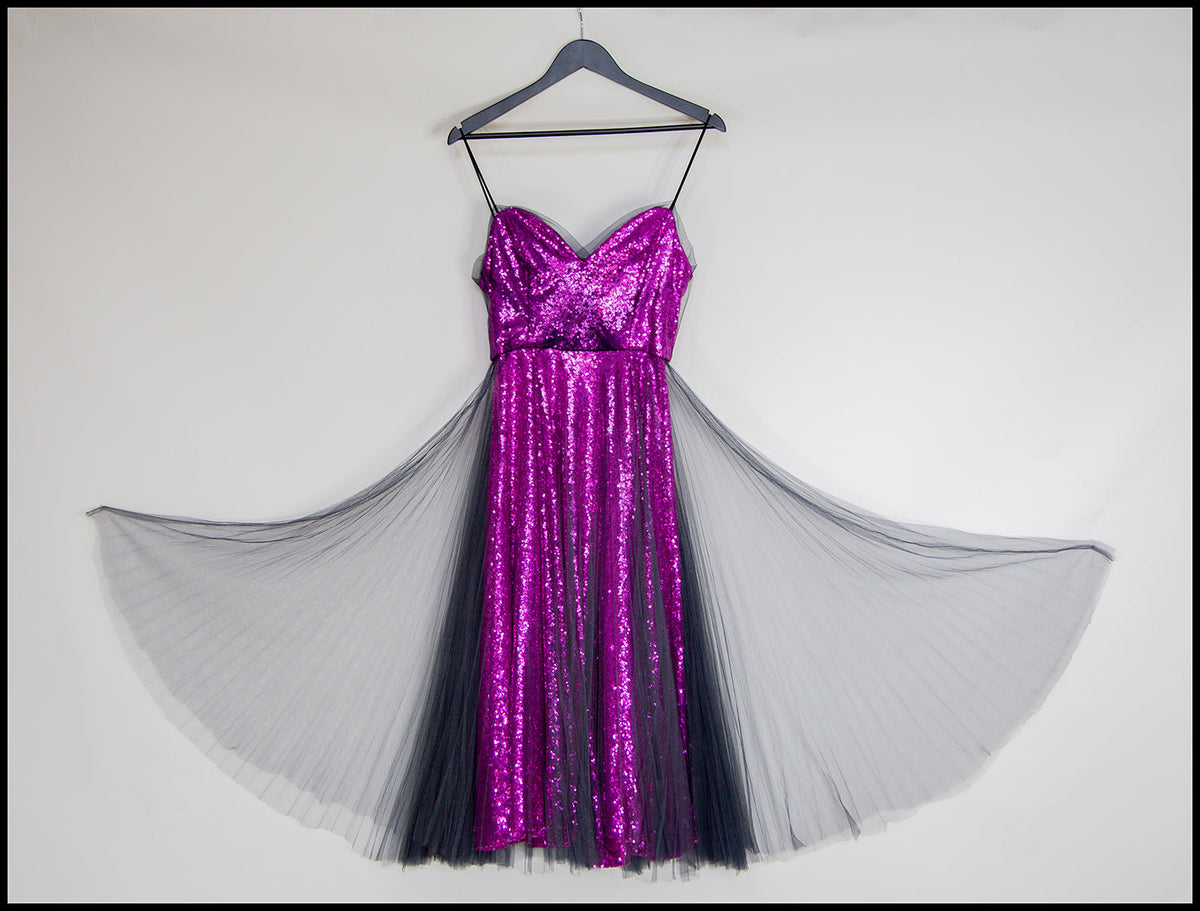 Disco Bliss - Pink Pleated Tulle Sequin Midi Dress