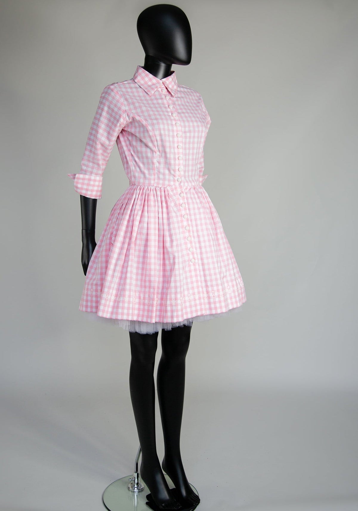 Pink Gingham Cotton Mini Shirt Dress