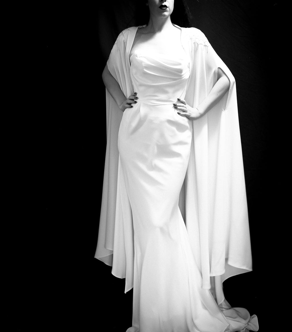 Ivory Crepe Draped Hourglass Gown and Beaded Cape - The Bride