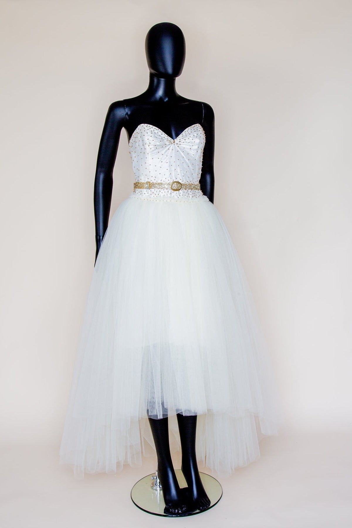 Julia - Ivory Gold Tulle Beaded Gown - S  (sample)
