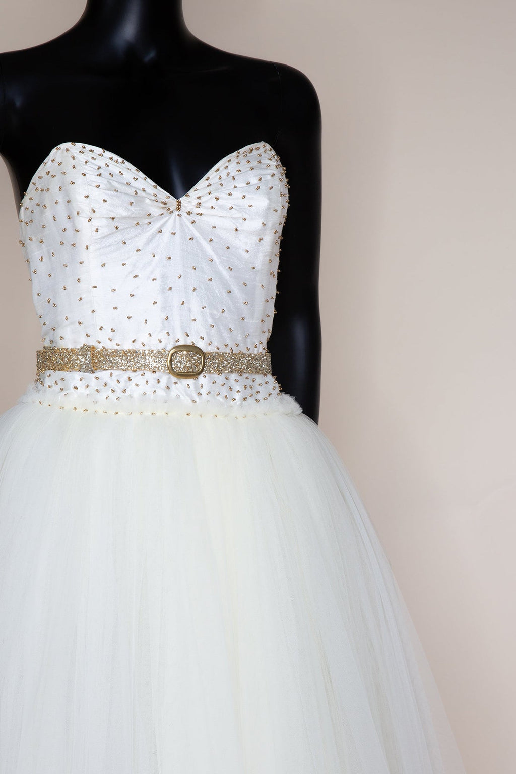 Julia - Ivory Gold Tulle Beaded Gown - S  (sample)