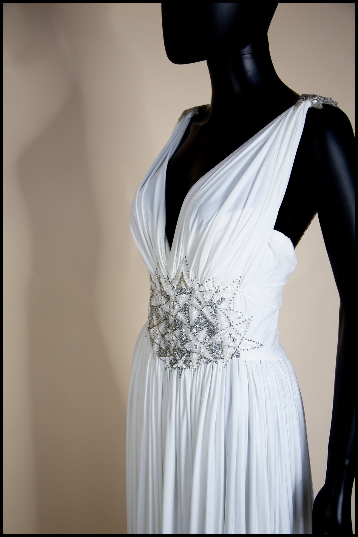Ivory Draped Jersey and Beaded Star Gown - S