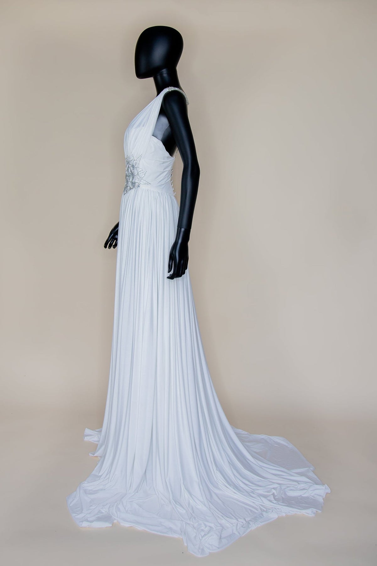 Ivory Draped Jersey and Beaded Star Gown - S