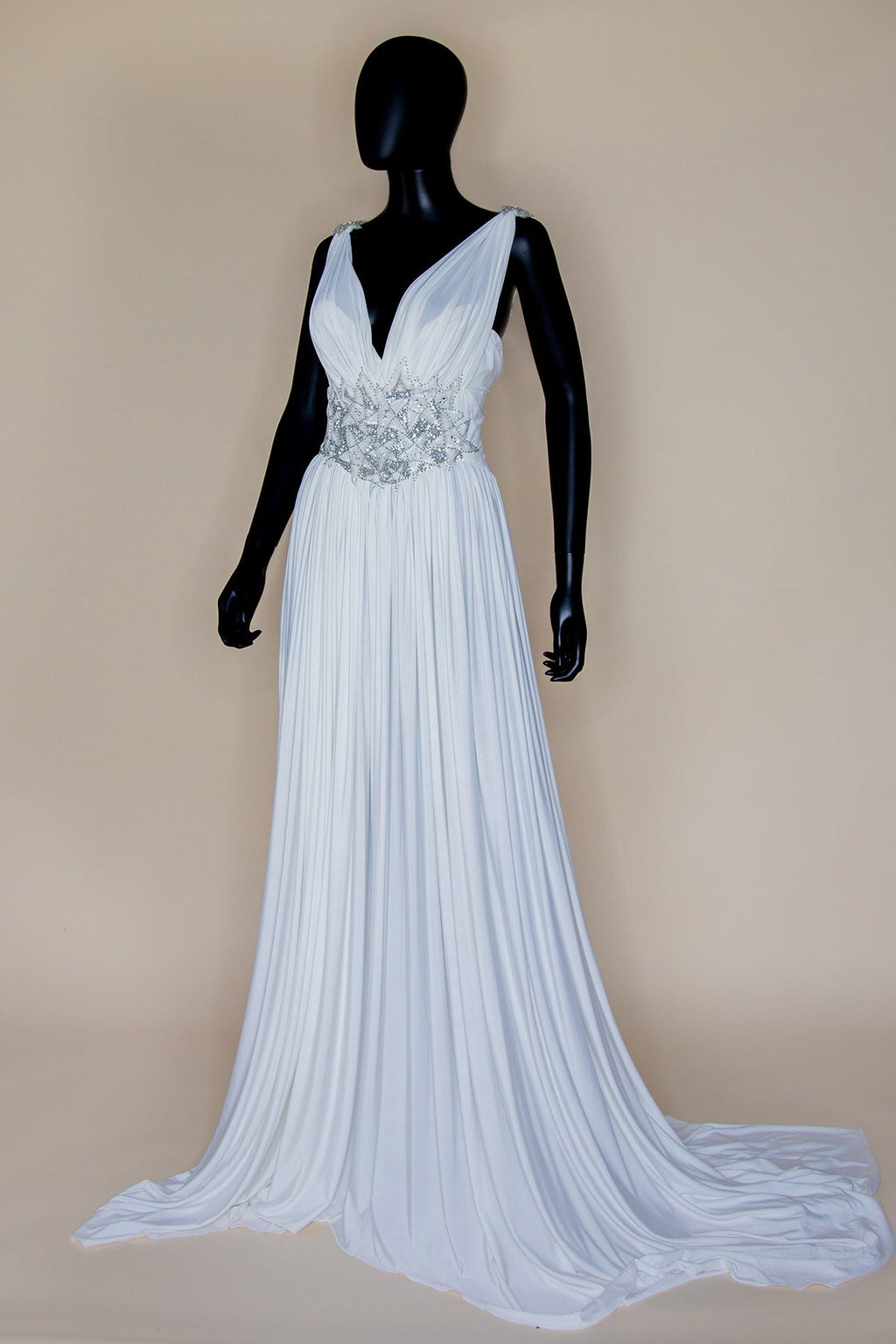 Ivory Draped Jersey and Beaded Star Gown - S