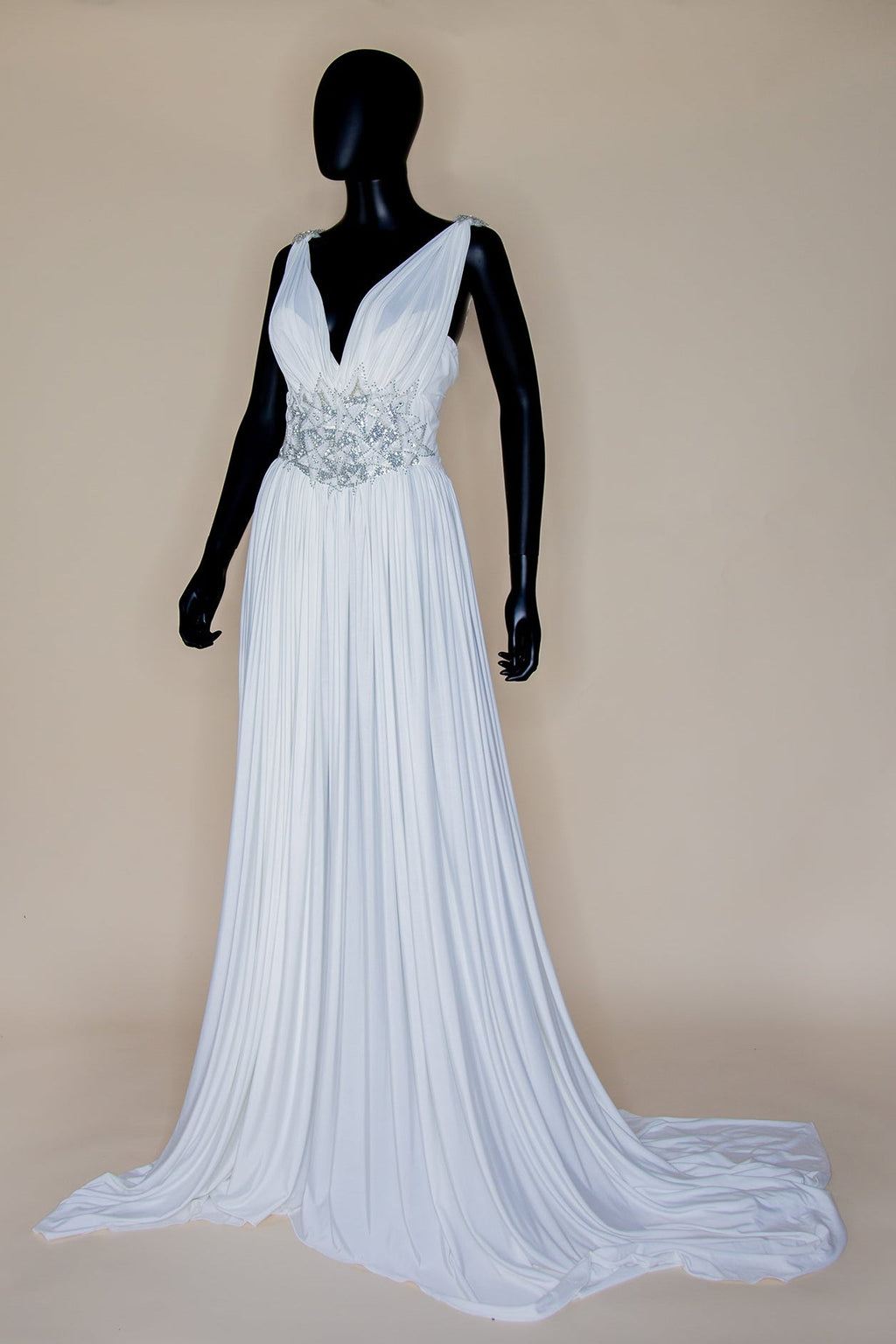 Ivory Draped Jersey and Beaded Star Gown - S