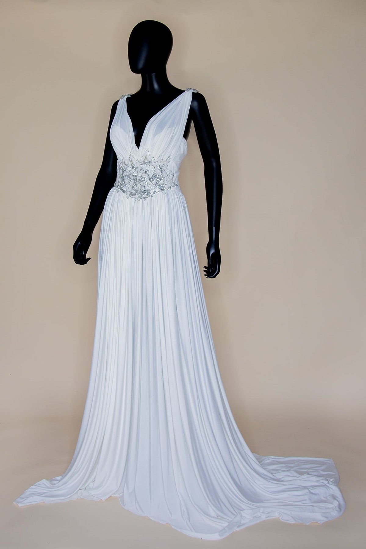 Ivory Draped Jersey and Beaded Star Gown - S