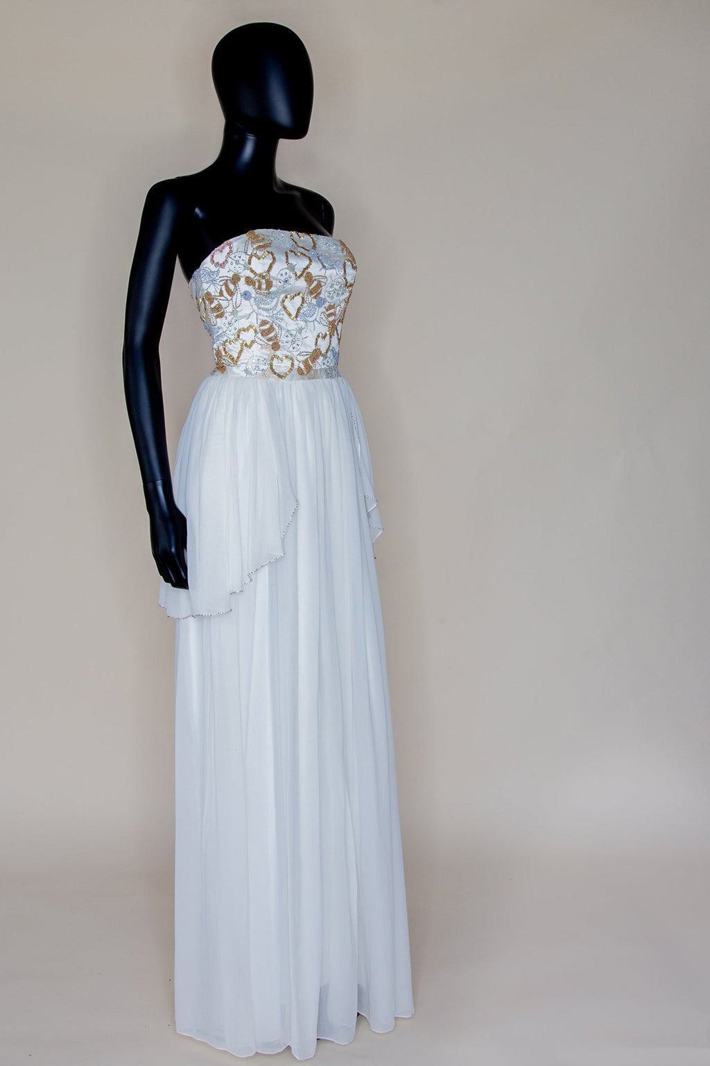 Ivory and Gold Beaded Silk Georgette Gown - Hera