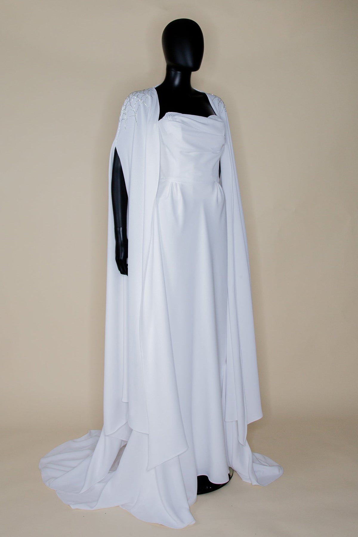 Ivory Crepe Draped Hourglass Gown and Beaded Cape - The Bride