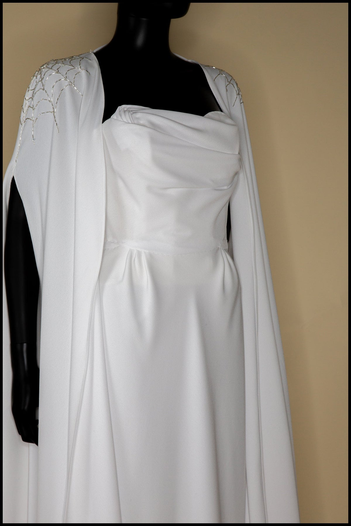 Ivory Crepe Draped Hourglass Gown and Beaded Cape - The Bride