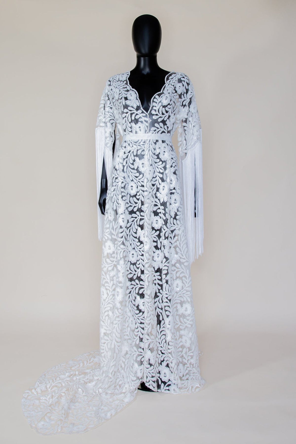 Ivory Sequin Floral Tasseled Robe Gown - Zelda