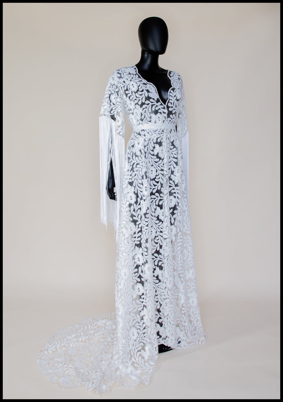 Ivory Sequin Floral Tasseled Robe Gown - Zelda