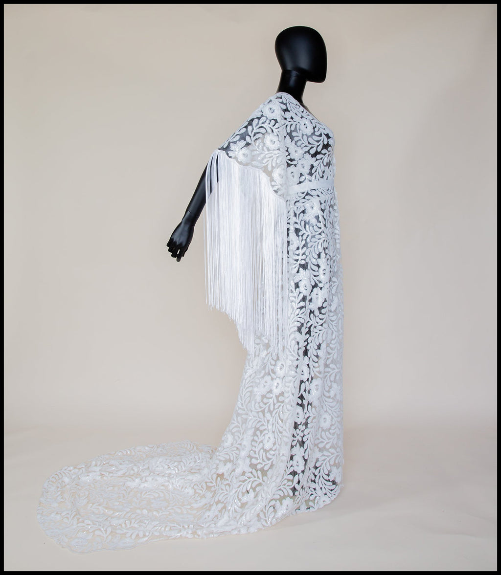 Ivory Sequin Floral Tasseled Robe Gown - Zelda