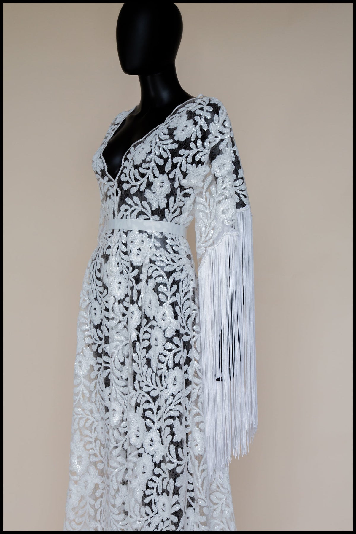 Ivory Sequin Floral Tasseled Robe Gown - Zelda