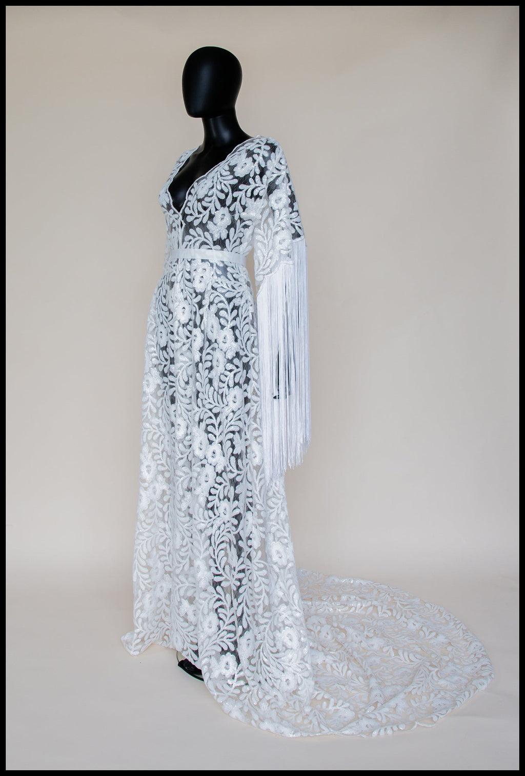 Ivory Sequin Floral Tasseled Robe Gown - Zelda