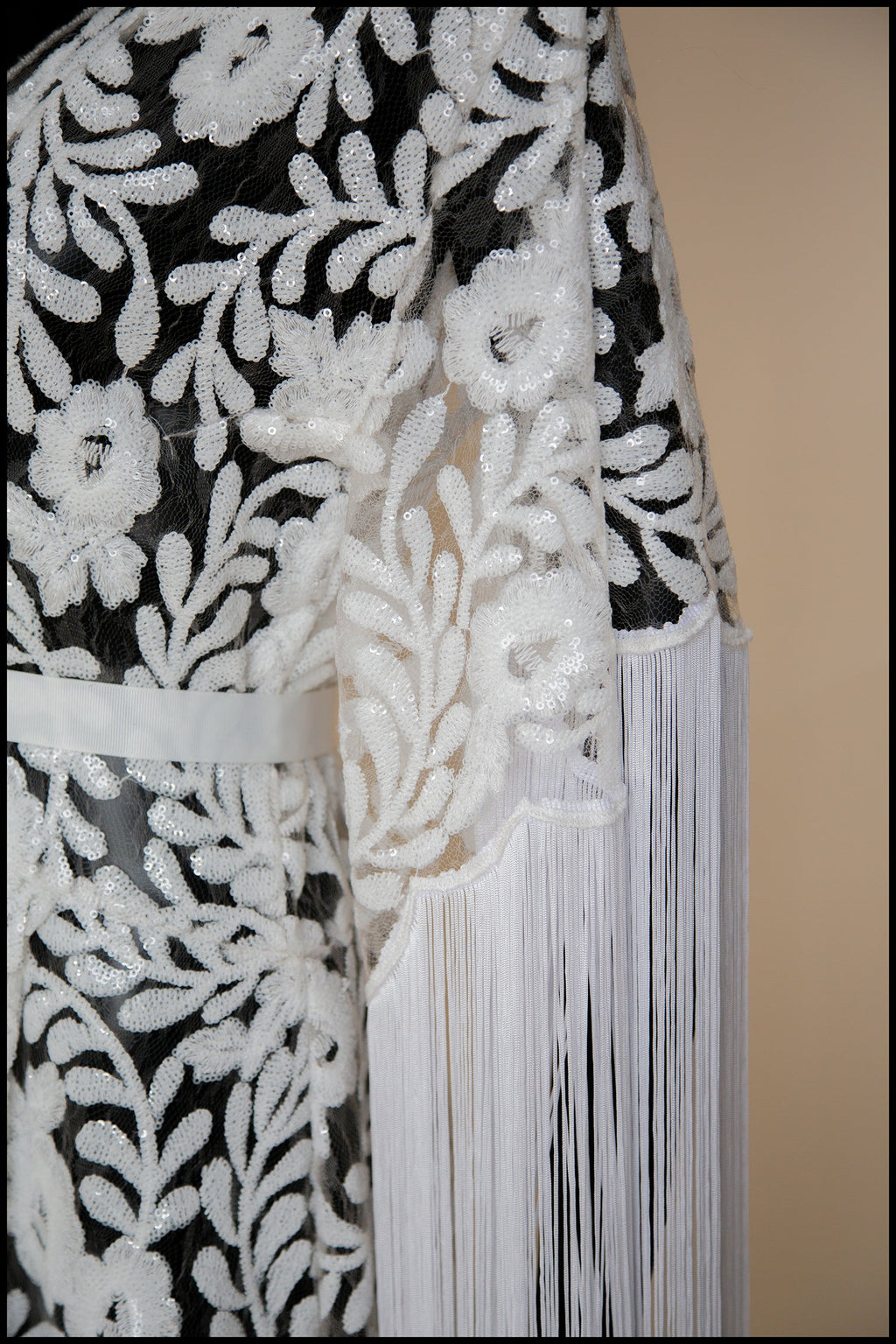 Ivory Sequin Floral Tasseled Robe Gown - Zelda