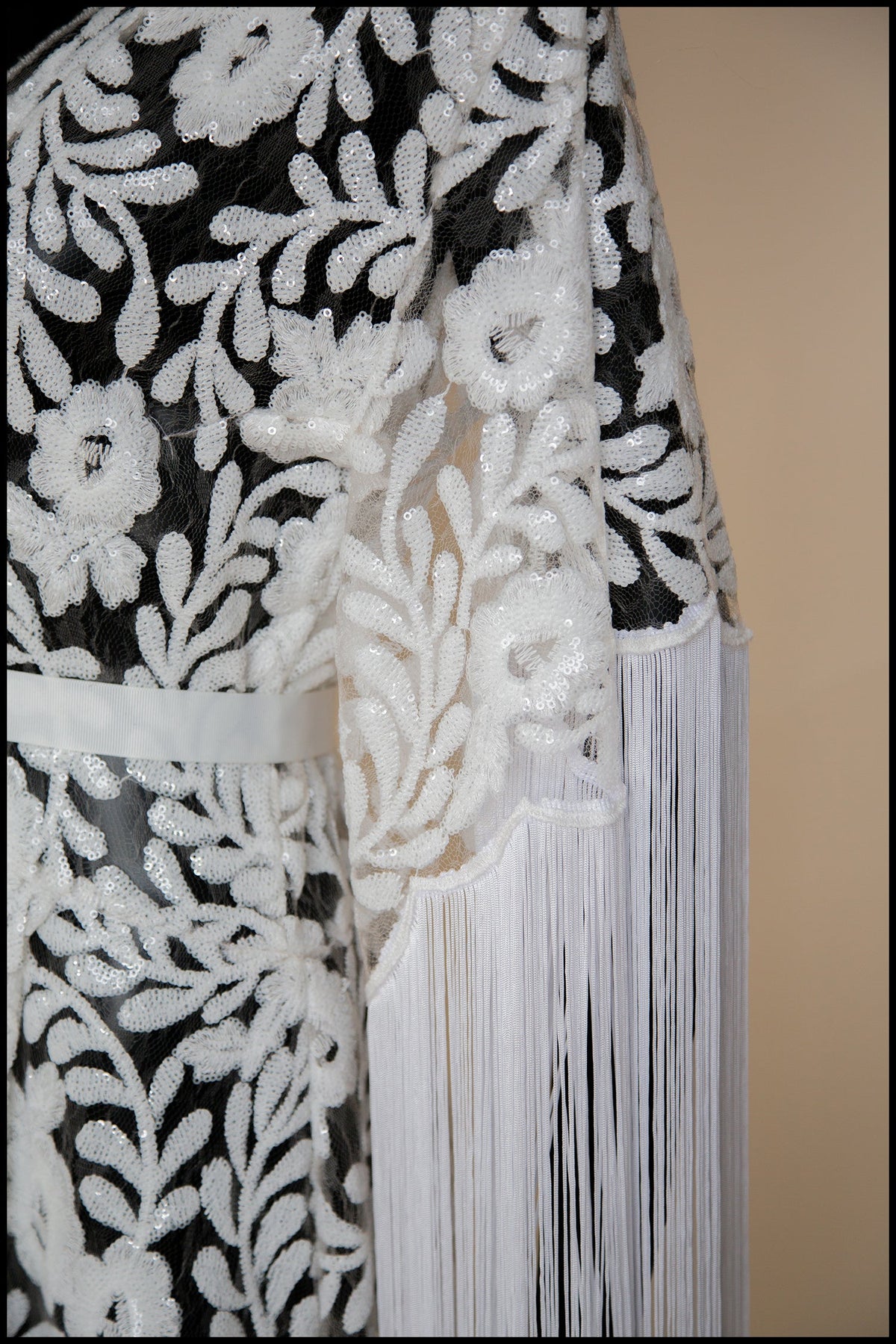Ivory Sequin Floral Tasseled Robe Gown - Zelda