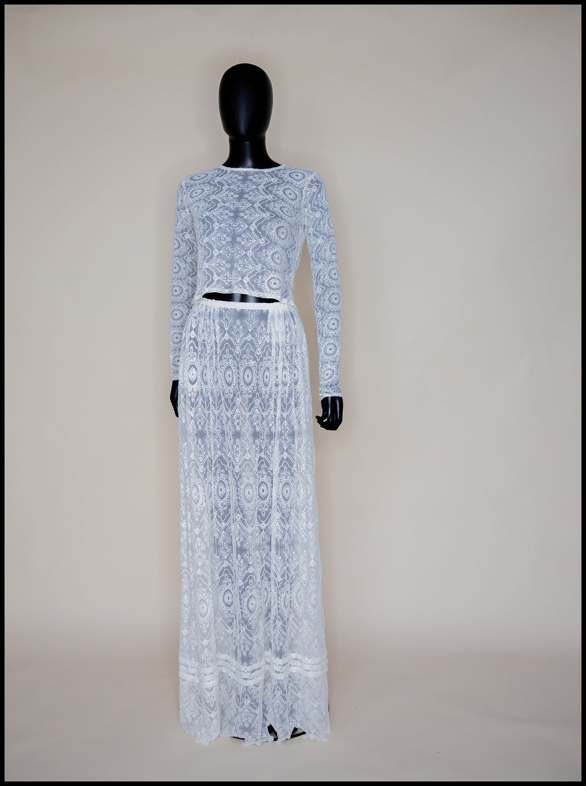 Cream Embroidered Lace Top and Skirt Gown Set - S
