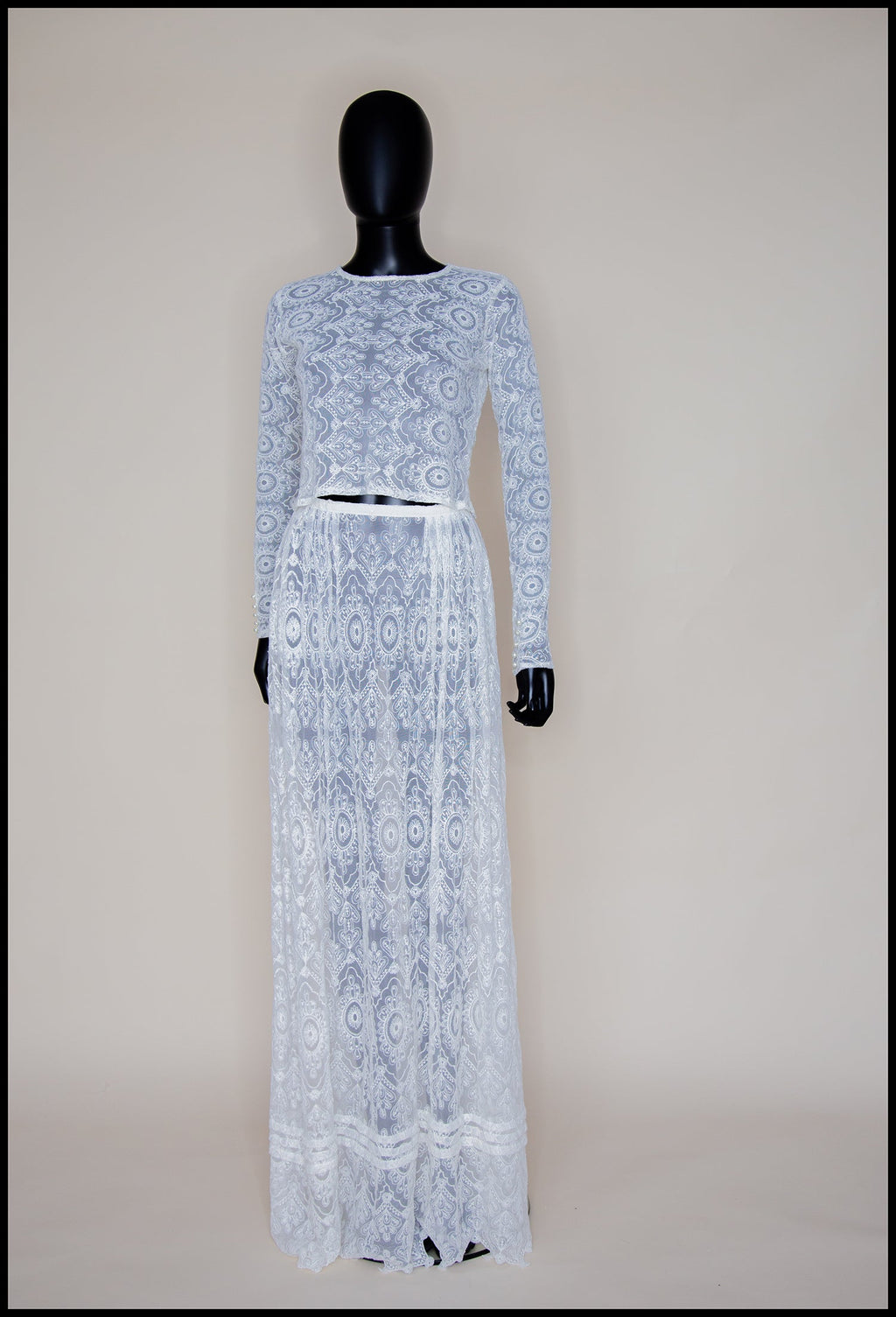 Cream Embroidered Lace Top and Skirt Gown Set - S