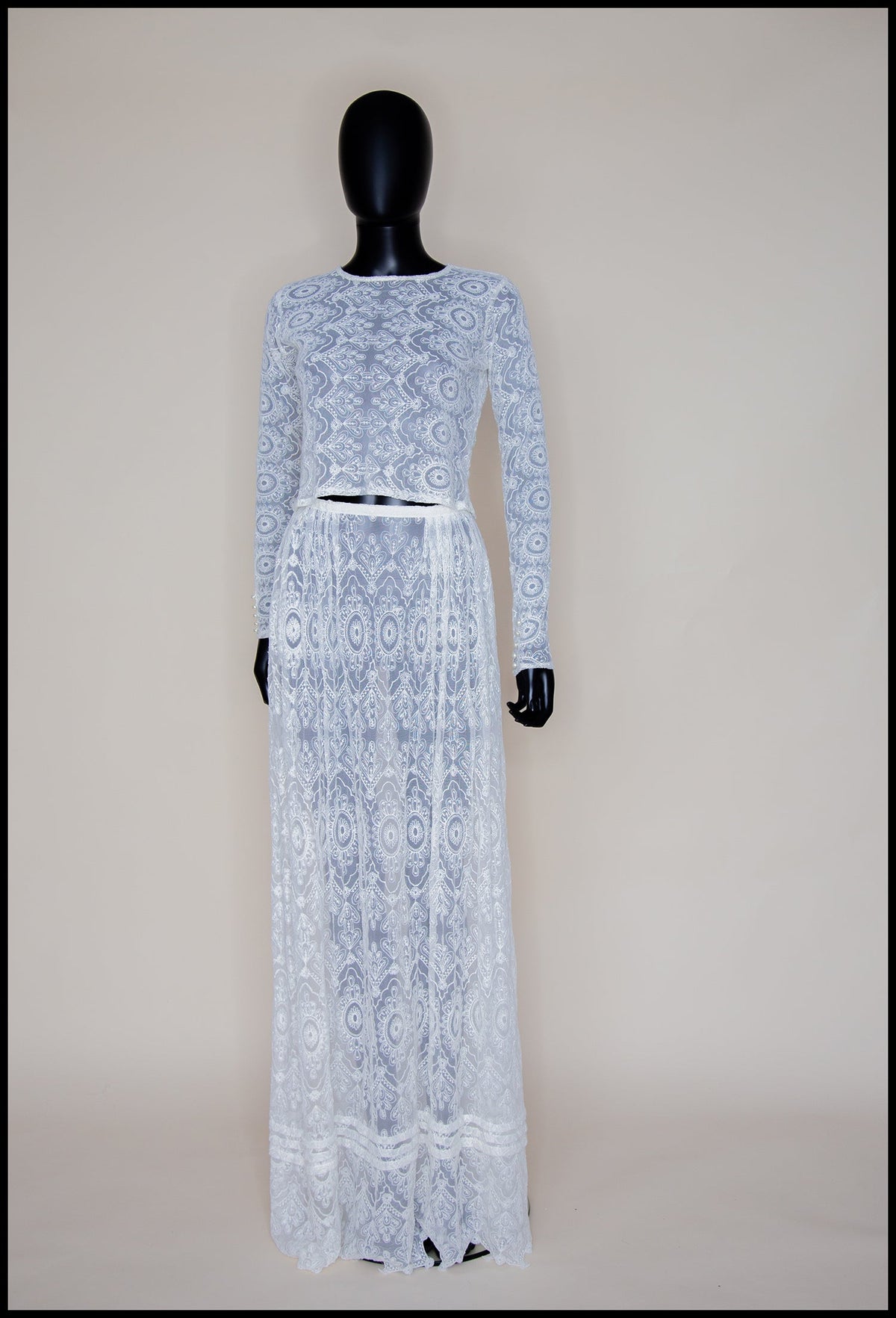 Cream Embroidered Lace Top and Skirt Gown Set - S