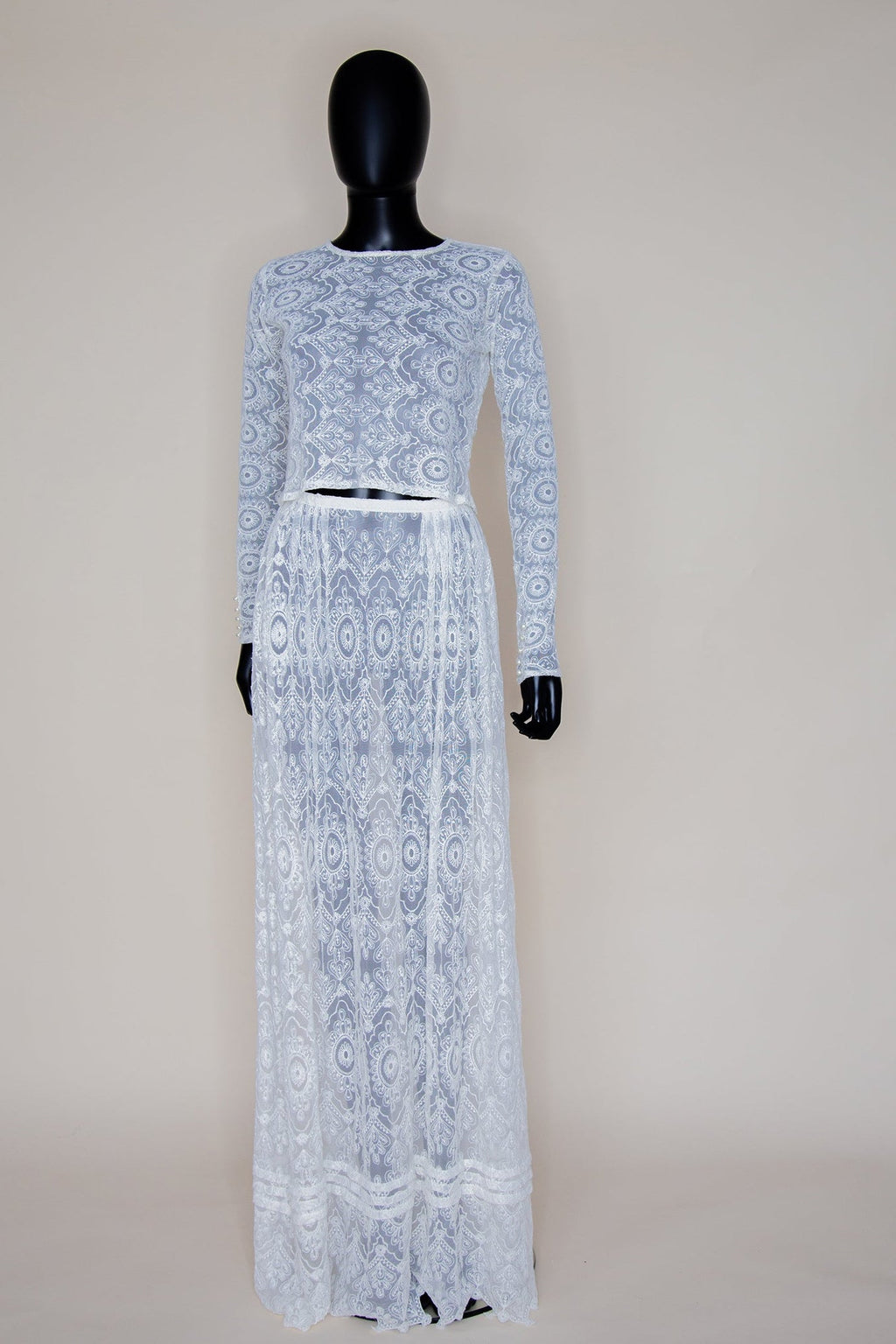 Cream Embroidered Lace Top and Skirt Gown Set - S