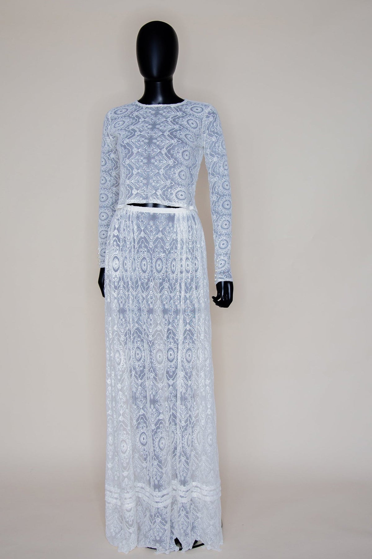 Cream Embroidered Lace Top and Skirt Gown Set - S