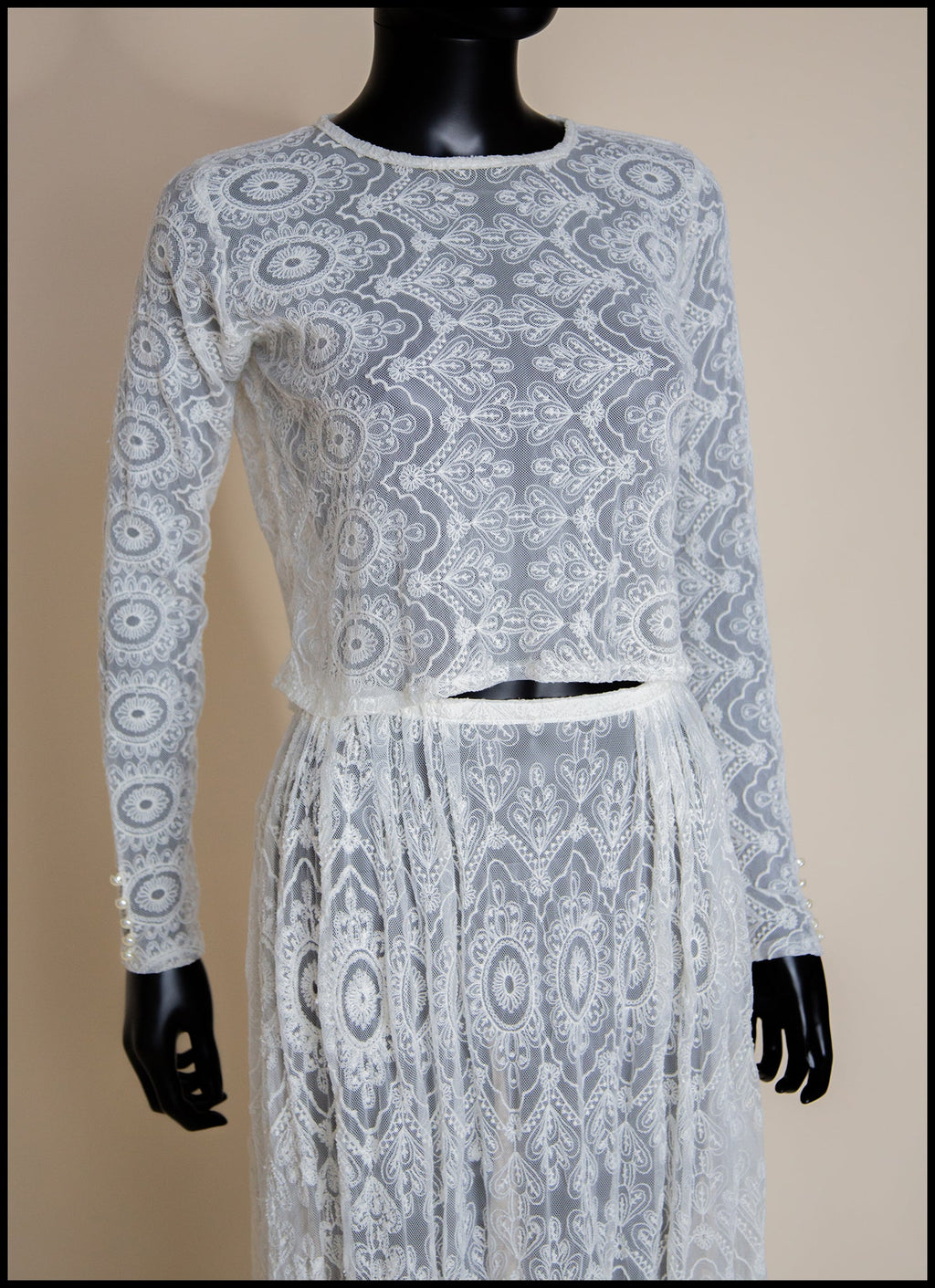 Cream Embroidered Lace Top and Skirt Gown Set - S