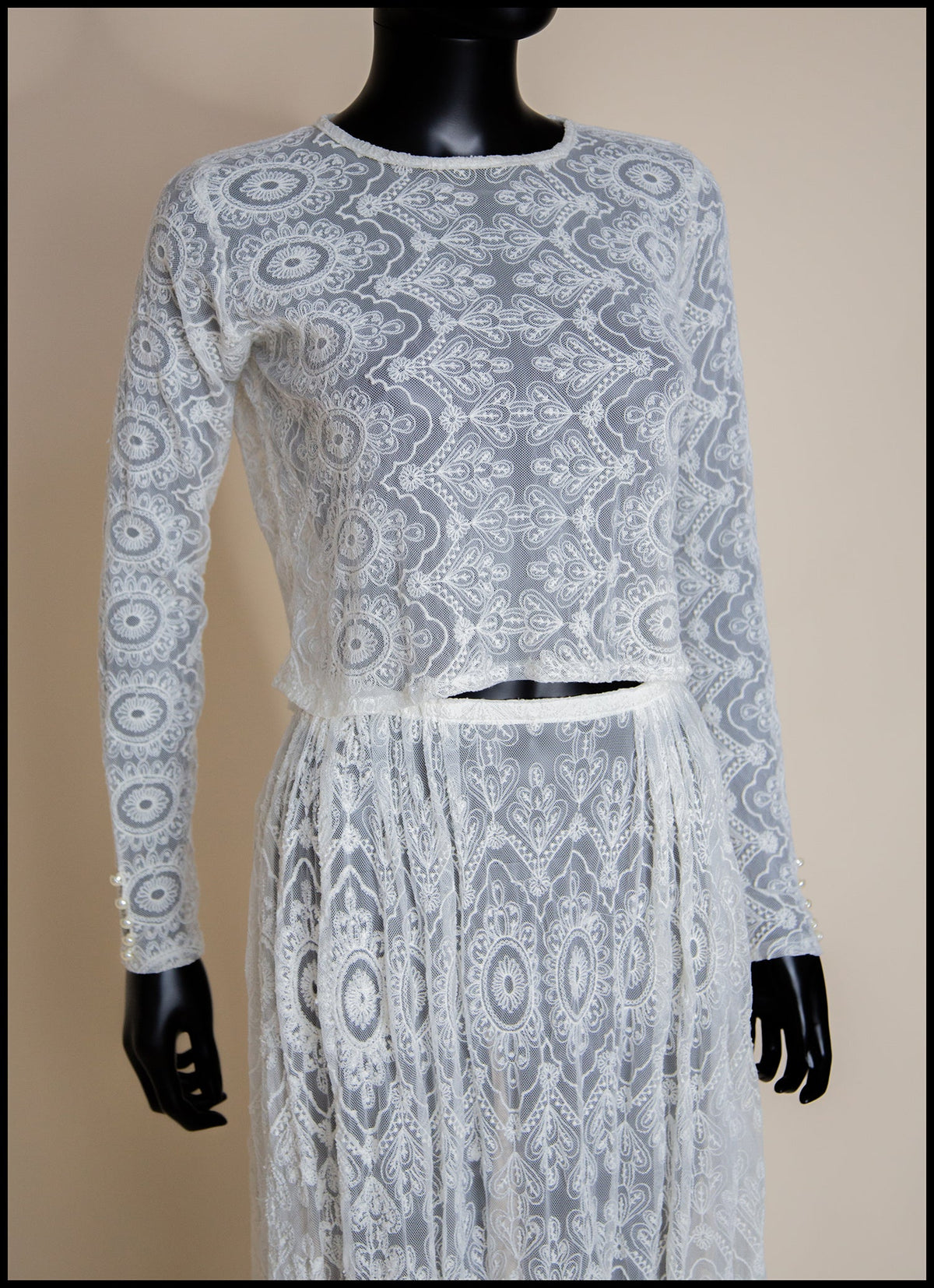Cream Embroidered Lace Top and Skirt Gown Set - S