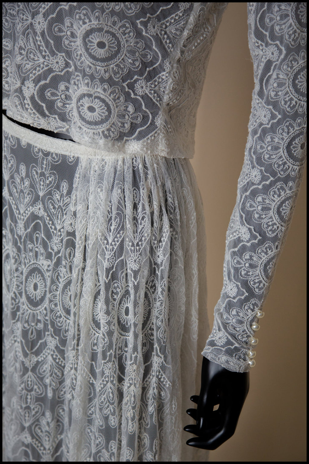 Cream Embroidered Lace Top and Skirt Gown Set - S