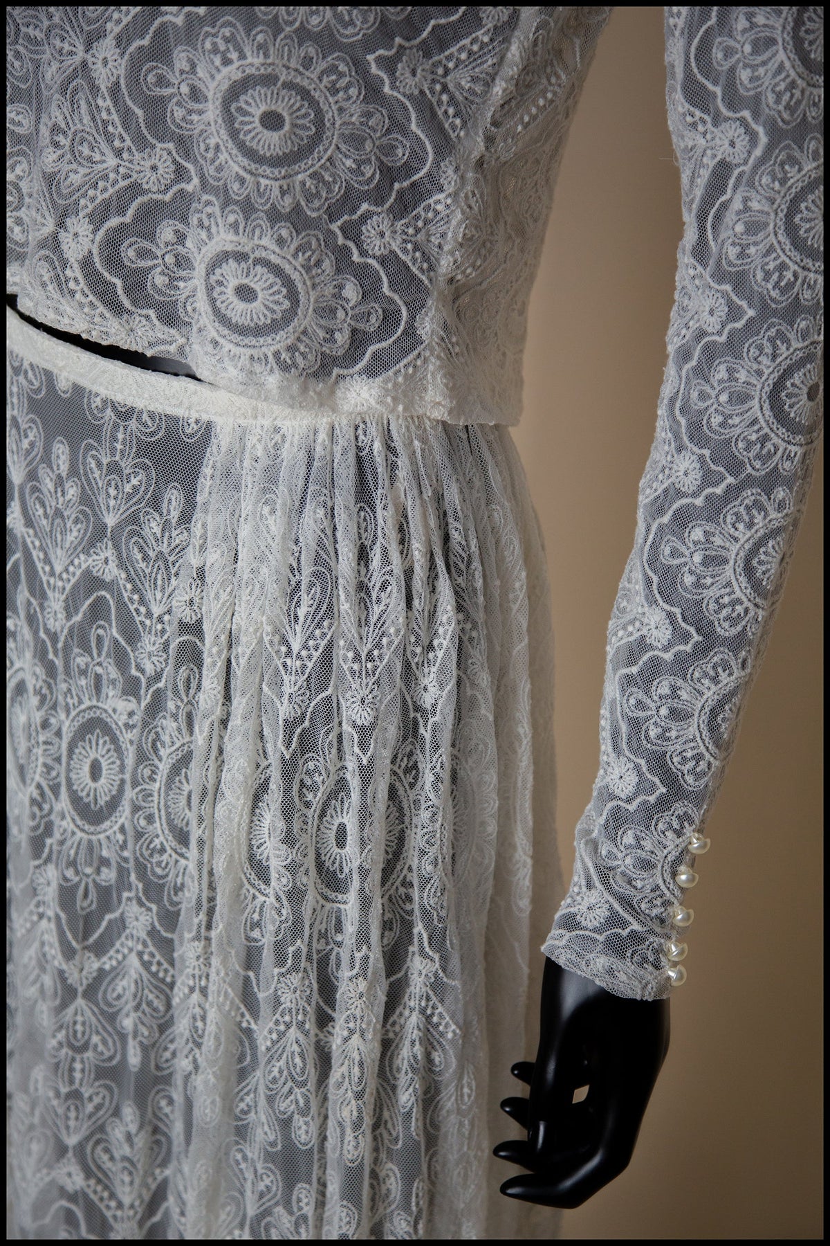 Cream Embroidered Lace Top and Skirt Gown Set - S