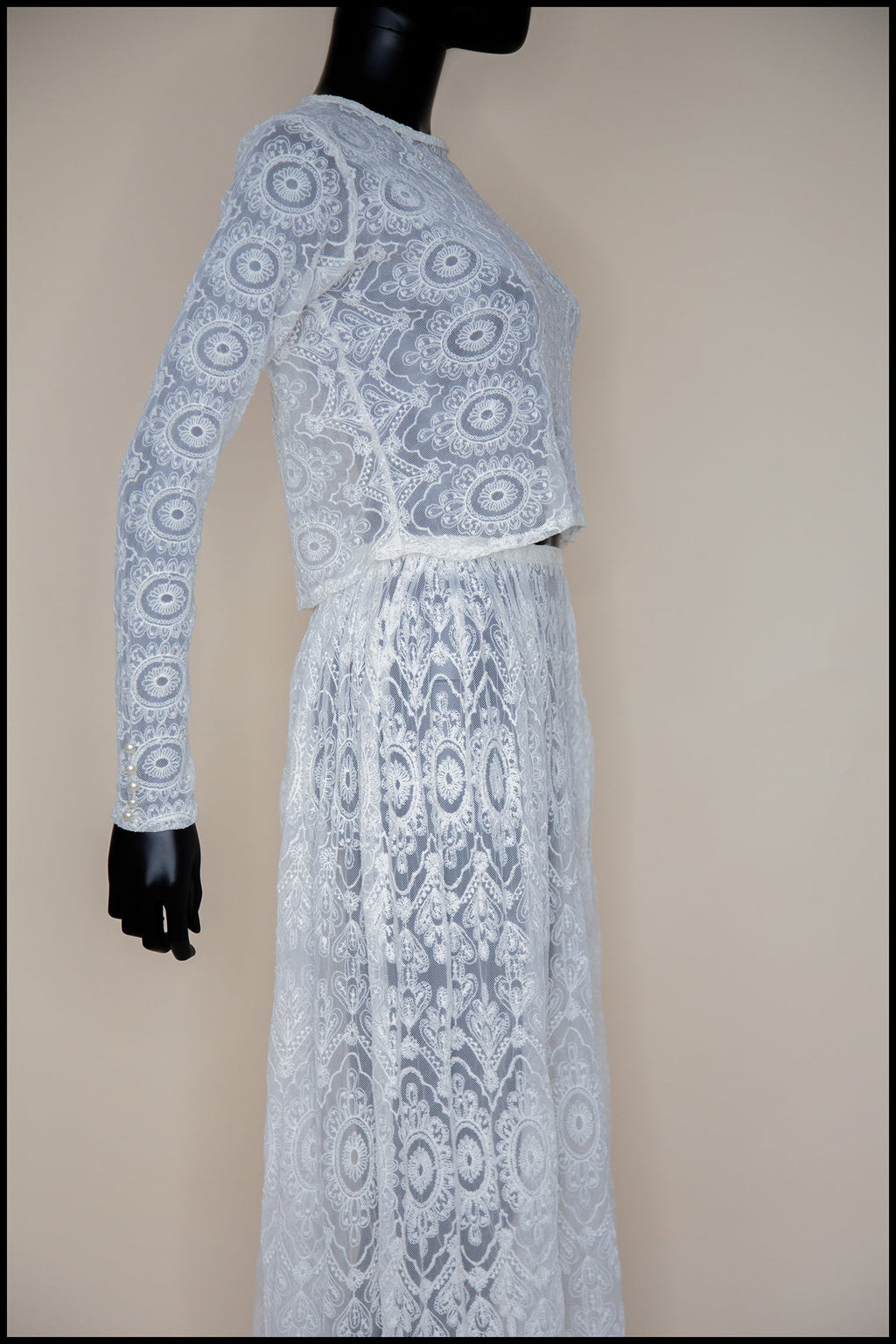 Cream Embroidered Lace Top and Skirt Gown Set - S
