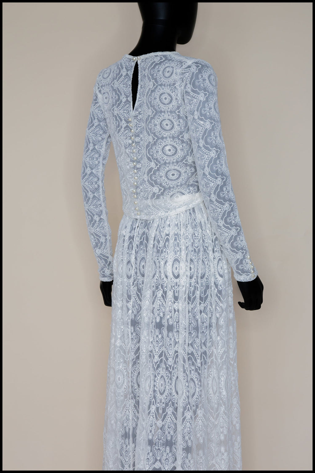 Cream Embroidered Lace Top and Skirt Gown Set - S