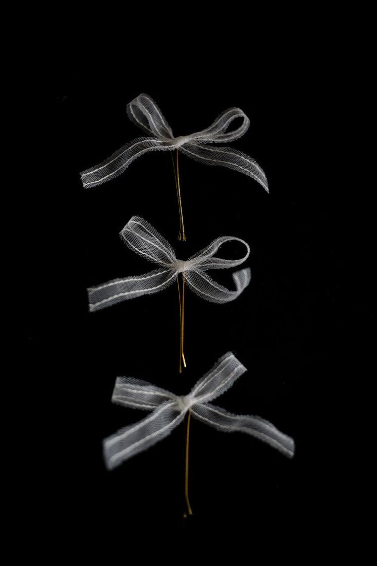 Bridal White Tulle Bow Bobby Pins - Set of 3