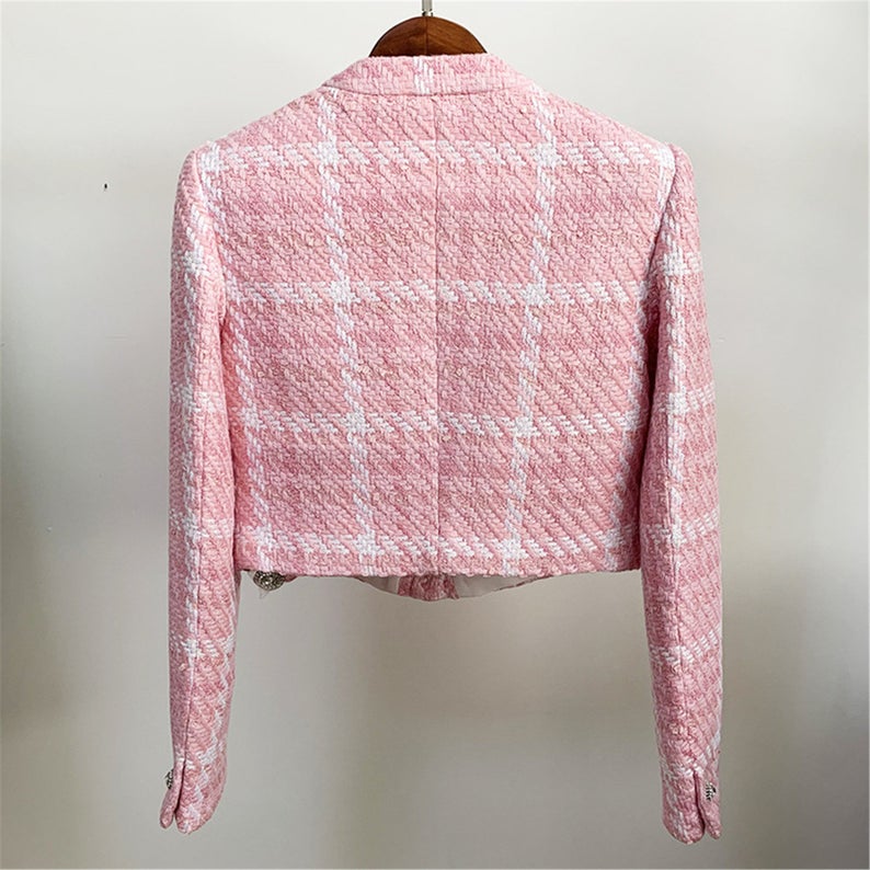 Women's Jewellery Buttons Tweed Pink Crop Blazer + Skirt