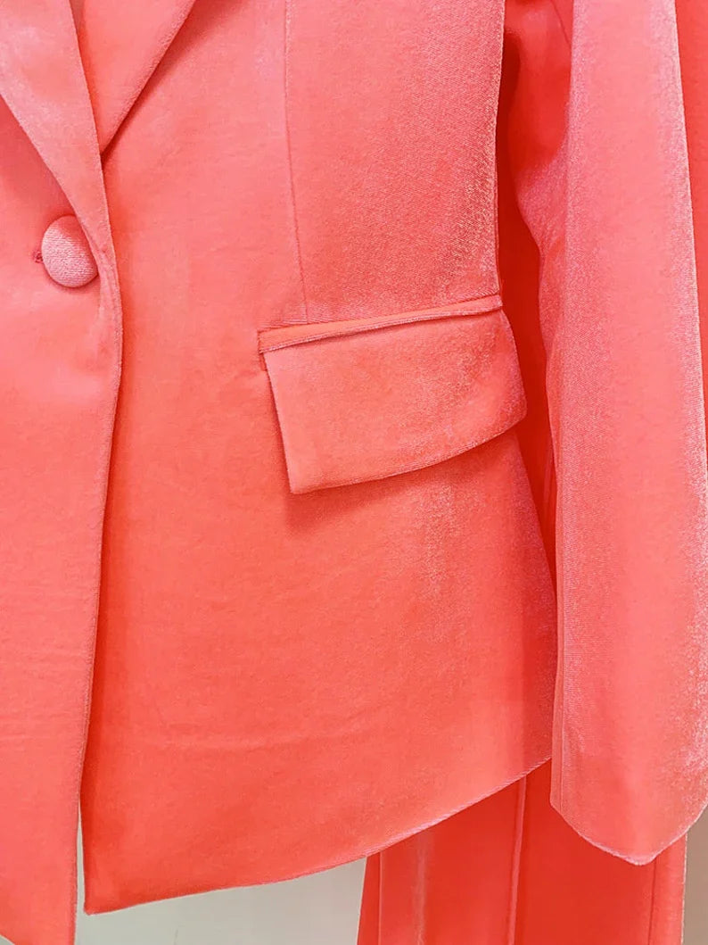Women and Teens Orange Pink Blazer + Mid-High Rise Flare Trousers Pants Suit, Graduation, Speech Day, Birthday Party,