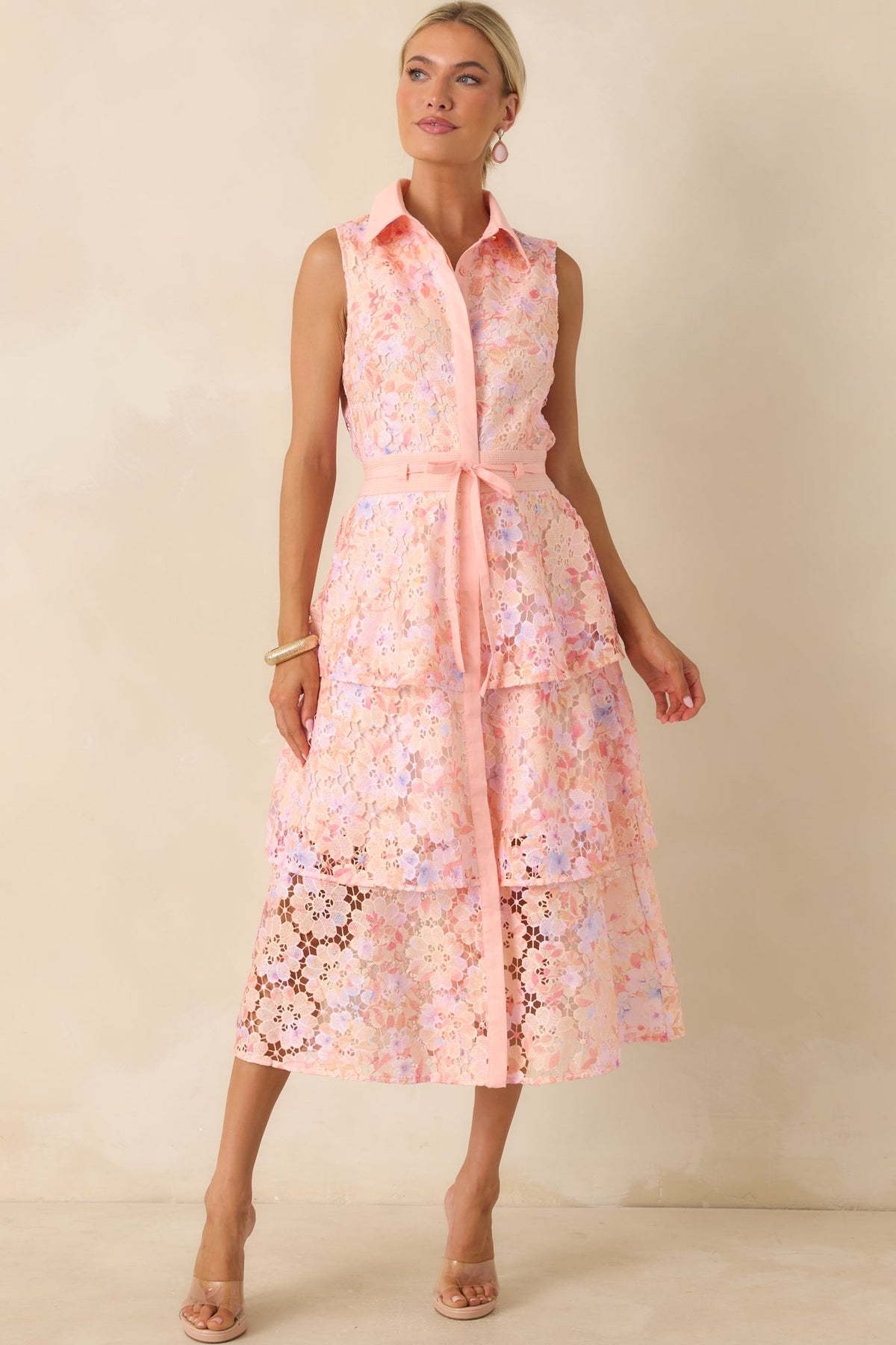 Blush Garden Pink Multi Floral Lace Midi Dress