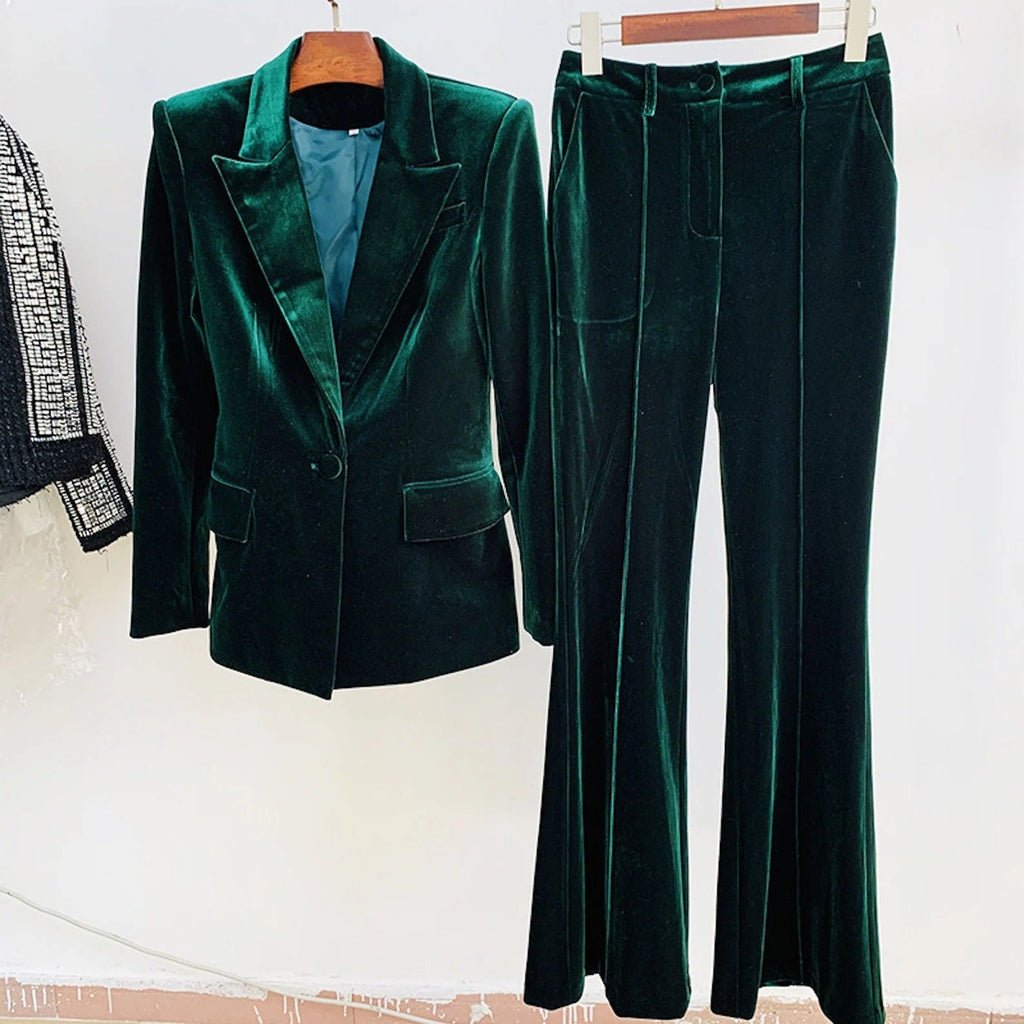 Women Green Velvet Blazer + Flare Trousers Suit