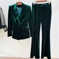 Women Green Velvet Blazer + Flare Trousers Suit