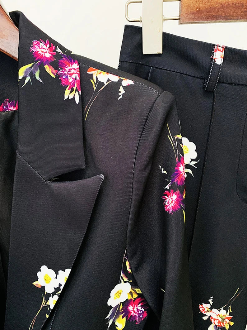 Black Floral Suit Fitted Blazer + Flare Trousers